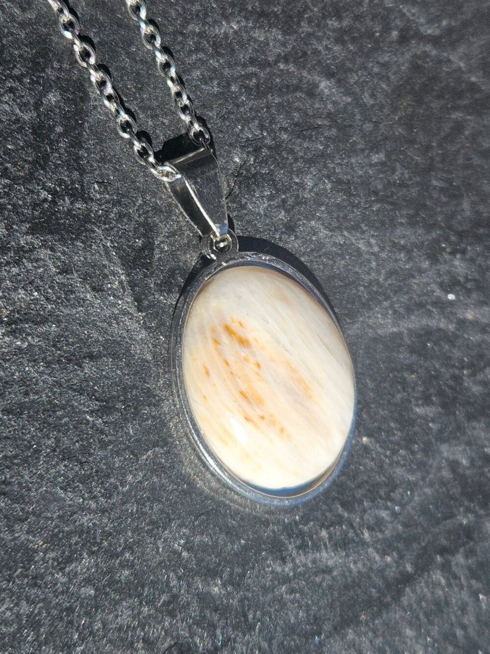 Scolecite Oval Pendant Necklace 18" Silver Chain Stainless Steel 25x15mm